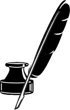 A pen and ink bottle with a feather quill.