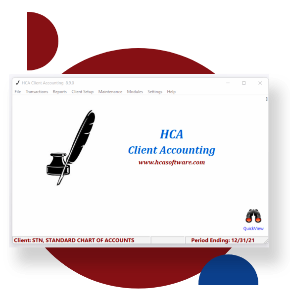A computer screen with the words hca client accounting on it.