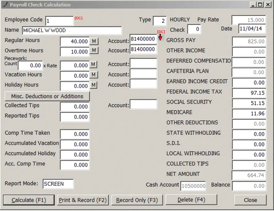 A picture of the payroll calculator screen.